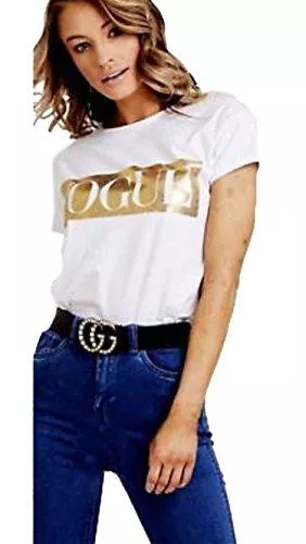 Friendztrendz T-Shirts Friendz Trendz-Frauen-Goldfolie-Slogan-Vogue-Druck-T-Shirt SpitzenT-Shirt