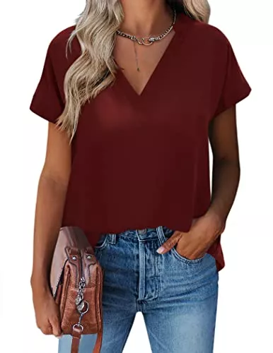 ZEAGOO Kurzarmblusen ZEAGOO Damen Blusen Elegant Chiffon T Shirt Einfarbig V-Ausschnitt Kurzarm Blusenshirt Sommer Casual Oberteile Tops Loose fit