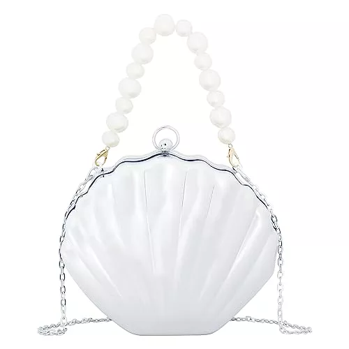 Meliyya Taschen & Rucksäcke Meliyya Damen Muschel Clutch Acryl Handtasche Perlen Handgriff Kette Abendtasche Hochzeit Cosplay Mermaid Schultertasche Umhängetasche