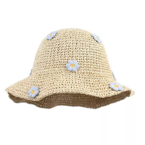 Meliyya Hüte & Mützen Meliyya Damen Strohhut Faltbarer Verstellbar Sommer Stroh Sonnenhut Blumen Strandhut Breite Krempe Sommerhut
