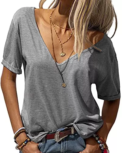 Tankaneo T-Shirts Tankaneo Damen Mode tiefer V-Ausschnitt Kurzarm Tops Solide Lässiges Lose Basic Sommer T Shirt