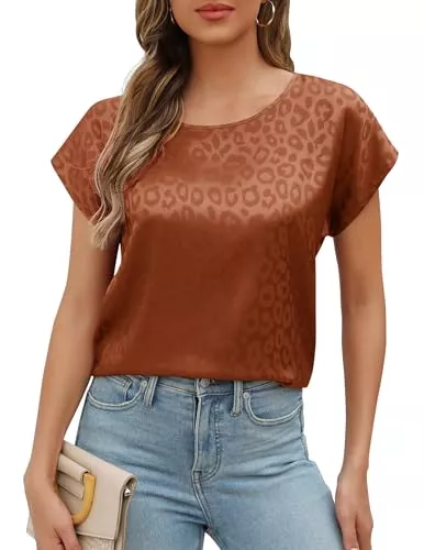 ZEAGOO Kurzarmblusen Zeagoo Damen T-Shirt Sommer Rundhals Bluse mit Leopardenmuster Satin Kurzarm Locker Oberteile Lässig Casual Sommerbluse Basic Freizeit Mode Tops