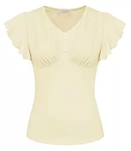 Belle Poque Kurzarmblusen Belle Poque Damen Kurzarm Bluse Shirts Sommer Baumwolle Tops V Neck Ruffle Elegant Vintage Tops