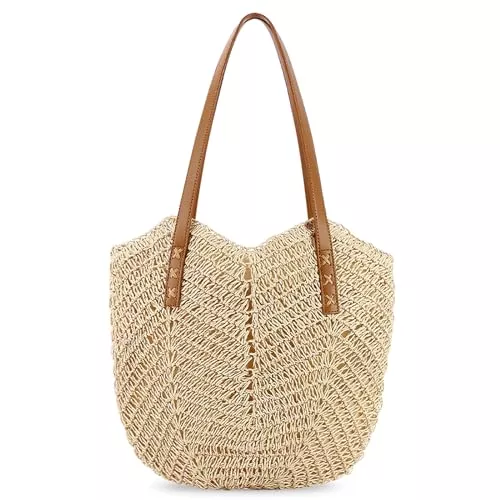 MEYAGOT Taschen & Rucksäcke Stroh Handtasche Damen, Korbtasche, Damen Hohle Gewebte Strandtasche, Geflochtene Strohtasche, Handgemachte Strohtasche Mit Leder Schultergurt Basttasche Gewebte Umhängetasche Für Strand Reise Einkauf