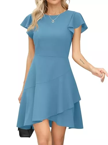 Missufe Cocktail Missufe Damen Flatterärmel Cocktailkleid Rundhalsausschnitt Partykleid Rüschen A Linien Abendkleid Skater Kurz Kleider