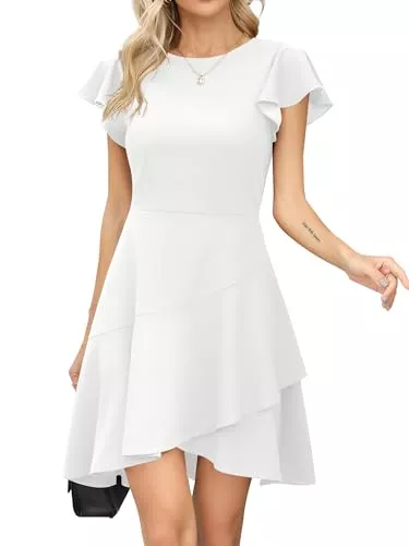 Missufe Cocktail Missufe Damen Flatterärmel Cocktailkleid Rundhalsausschnitt Partykleid Rüschen A Linien Abendkleid Skater Kurz Kleider