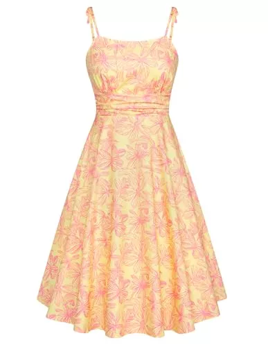 Belle Poque Freizeit Belle Poque Sommerkleider für Damen Spaghettiträger A-Linie Midi Sonnenkleid Freizeitkleid mit Taschen Urlaubs Strandkleid