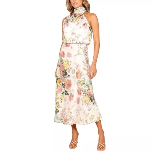 Odizli Cocktail Odizli Damen Elegant Ärmellos Neckholder Satin Sommer Hochzeit Lang Abendkleider