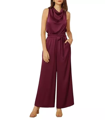 GRACE KARIN Jumpsuits GRACE KARIN Damen-Overall aus Satin 2024 ärmellos Gürtel weites Bein lässiger Strampler mit Taschen