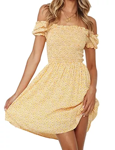 Yeahill Freizeit Yeahill Sommerkleid Damen Blumen Tunika Kleid Damen Kurz Schulterfreies Kleid High Waist Volantkleider Damen Boho Strandkleider Luftiges Minikleid