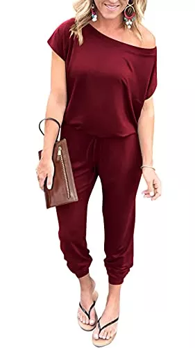 DEARCASE Jumpsuits DEARCASE Damen Elegant Schulterfrei Lose Jumpsuit Kurzarm/Langarm Playsuit Dehnbar Overall Hosenanzug Elastische Taille Romper mit Taschen