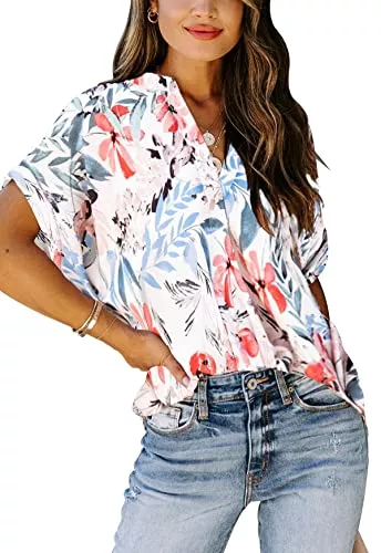 Sweezarmo Kurzarmblusen Sweezarmo Damen Sommer Bluse Damen Elegante Oberteile Damen Lässiges Langarmhemd Damen Bedruckte Blusen Damen V-Ausschnitt Blusen