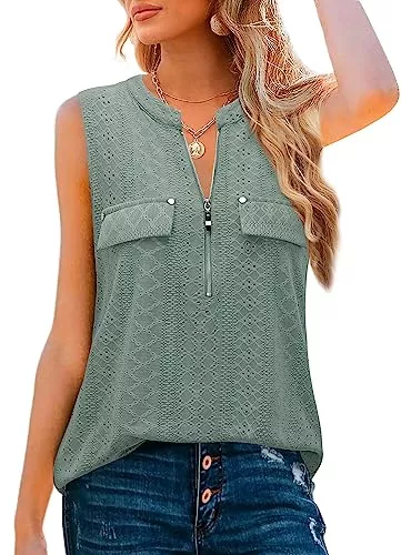 Amrto Ärmellose Blusen Amrto Damen V-Ausschnitt Shirts Casual Bluse mit Reißverschluss Tunika Tops