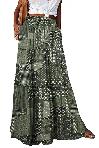 Byoauo Röcke Byoauo Rock Damen Lang Boho Blumen Hohe Elastische Taille mit Taschen und Gürtel Maxi Skirt Faltenrock Strandrock Freizeitrock