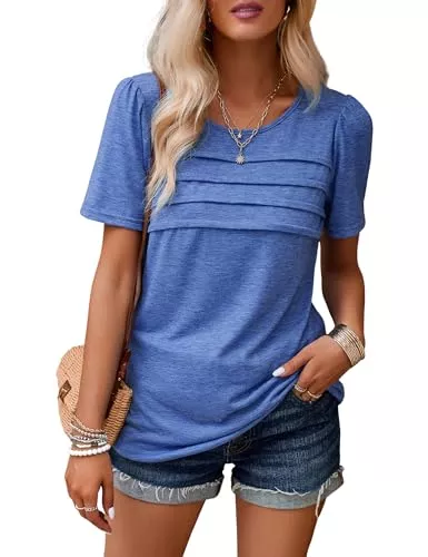 Heersan T-Shirts Heersan Tshirt Damen Kurzarm T-Shirt Elegante Oberteile Lässig Rundhals Plissee Tunika Top mit Schlitz Einfarbige Basic Tops 2024