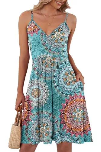 AUSELILY Freizeit AUSELILY Sommerkleid Damen Spaghetti-Träge V-Ausschnitt Freizeitkleid Strandkleid mit Taschen