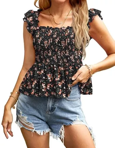 BesserBay Kurzarmblusen BesserBay Damen Sommer Top Ärmellos Oberteil Ausschnitt mit Rüschen S-XXL