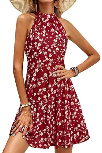 OUGES Freizeit OUGES Sommerkleid Damen Knielang Neckholder kleid Sommer Blumenmuster Elegant Cocktailkleid