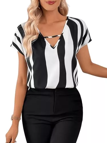 GORGLITTER Kurzarmblusen GORGLITTER Bluse Damen Kurzarm Elegant Bluse Mit Streifen Blusenshirt Mit V Ausschnitt Blusentop Sommer Gestreiftes Shirt