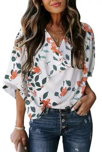 AOISAGULA Langarmblusen AOISAGULA Damen Bluse Elegant Drape V-Ausschnitt Oberteile 3/4 Ärmel Tops Chiffon Hemden für Sommer Business Casual Tunika