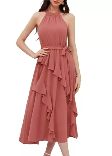 GRACE KARIN Abendkleider GRACE KARIN Damen Freizeitkleid Ärmellos Neckholder Sommerkleid Elegant Swing A-Linie Strandkleid Langes Maxikleid mit Gürtel
