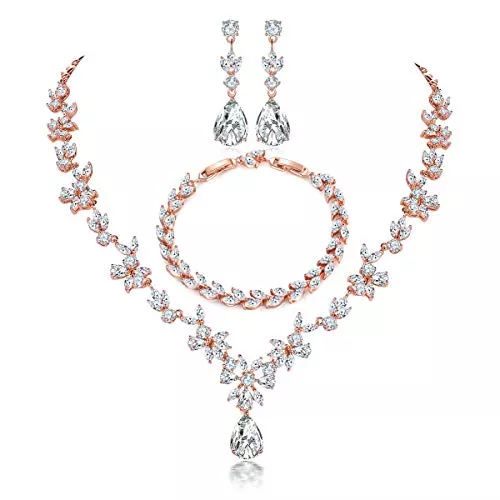 Shuxin Schmuck Shuxin Hochzeit Schmuckset für Damen, Halskette & Ohrringe & Armband Set, Weißgold/Rosegold Plattiert Blumen Schmuck Set mit 5A Weiß Zirkonia, Allergenfrei Hochzeitsschmuck für Braut Brautjungfern