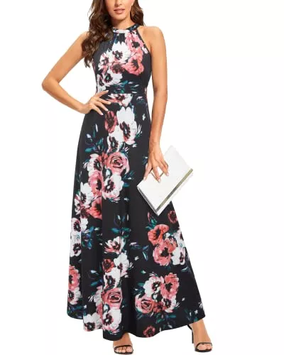 STYLEWORD Freizeit STYLEWORD Damen Neckholder Elegant Sommerkleid Ärmellos Blumenkleid Maxikleid Lange Strandkleid