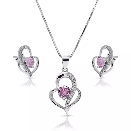 Cinyati Schmuck Cinyati Anhänger-Herz-Halskette für Damen mit passenden Ohrsteckern, Designer-Schmuckset aus 925er-Sterlingsilber, eleganter Zirkonia