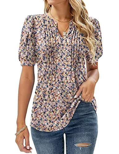 EFFAN Kurzarmblusen EFFAN Bluse Damen Kurzarm T-Shirts V-Ausschnitt Blumen Falten Tunika Sommer Oberteile Locker Lässig Longshirt…