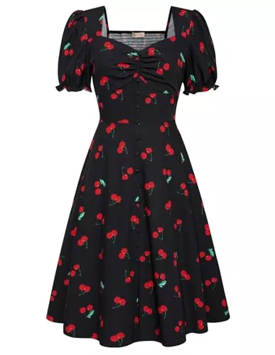 Belle Poque Cocktail Belle Poque Damen Kleider Vintage Geraffte Sweetheart Ausschnitt Kurze Ärmel A-Linie Midi Kleid Rockabilly Kleider Damen