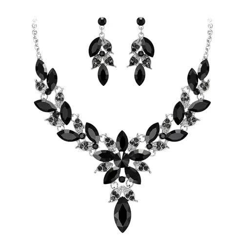 EVER FAITH Schmuck EVER FAITH Damen Kristall Hochzeit Braut Blumen Blume Blatt Teardrop Halskette Ohrringe Set Schmuckset Schwarz Silber-Ton Silber-Ton