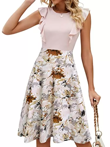 YATHON Cocktail Lässiges A-Linie-Cocktailkleid für Damen von Yathon, Retro-Stil, Rüschenarm, florales Design, Swing-Partykleid