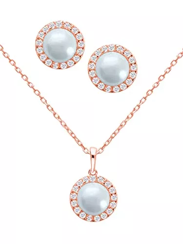 My Gold Schmuck My Gold Schmuckset (Halskette & Ohrringe) Echtes Sterlingsilber Mit Zirkonia & ECHTEN Perlen 925 Silber Rosé Vergoldung 45cm Alessa Set MOD-04839