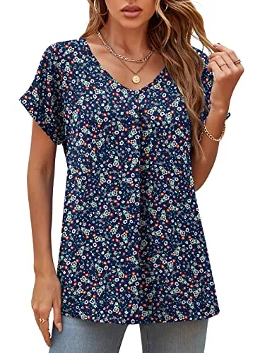 Yommay Kurzarmblusen Yommay Damen Bluse Sommer Elegant V-Ausschnitt Tunika Shirt Oberteil Flowy Kurze Ärmel Chiffon Tops