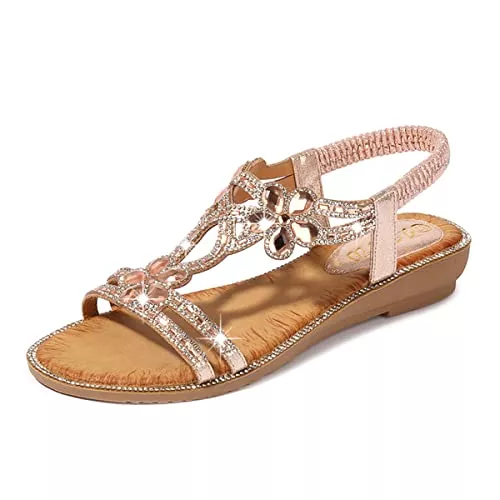 Dacomfy Sandalen & Slides Dacomfy Flache Sandalen für Damen, mit Strasssteinen, für den Sommer, Bohemian-Stil, mit Perlen, Glitzer, Freizeit-Sandalen, elastisches Band, Strandschuhe