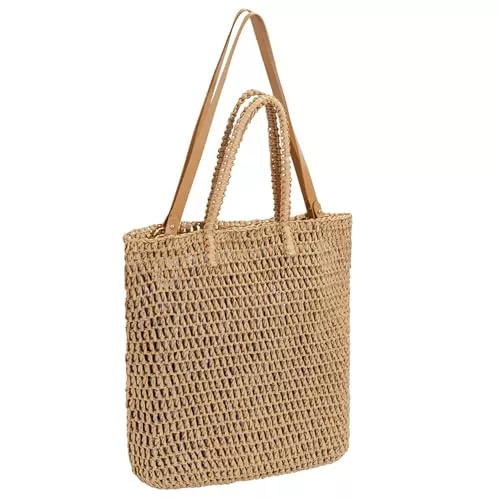 Jeesblsy Taschen & Rucksäcke Jeesblsy Stroh Strandtasche Damen Schultertaschen, Groß Sommer Handtasche Böhmische Weben Tote Tasche Umhängetaschen mit Ledergriffe für Reisen Einkaufen und Urlaub (Braun)