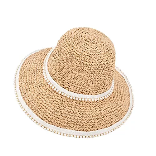 Kmbcove Hüte & Mützen Kmbcove Stroh Sommerhut Wide Rand Sonnenhüte mit Perlenspitze Faltbar UV Schutz Floppy Strandmütze für Frauen Damen Tourismus Reise Urlaub Wandern