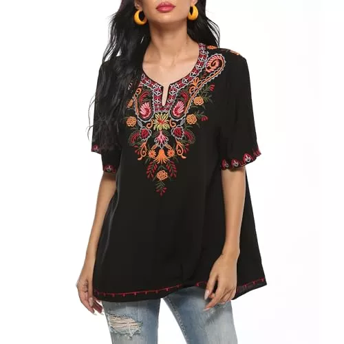 drakloak Kurzarmblusen drakloak Boho Stickerei Bluse Hippie Kleidung Damen Bohemian Folklore Stickerei Bluse Kurzarm V Ausschnitt Tunika Sommer LäSsige Oberteil