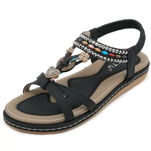 Meik Mangni Sandalen & Slides Meik Mangni Flache Sandalen Damen Sommer Bohemia Freizeit Sandals mit Strass Frauen T-Riemen Rutschfeste Strandsandaletten,Gr:36-42 EU
