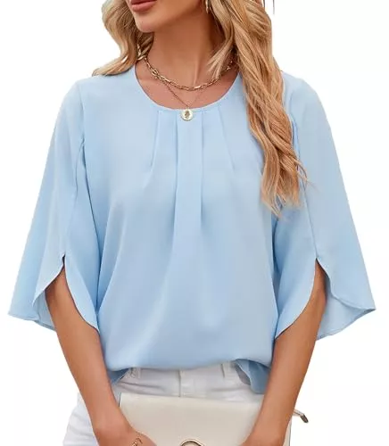 HANERDUN Kurzarmblusen HANERDUN Damen Bluse Flowy Chiffon Blusenshirt Sommer Shirts Elegant 3/4 Arm Kurze Tunika Falten Rundhals Tops Casual Oberteile Locker Hemd Streetwear