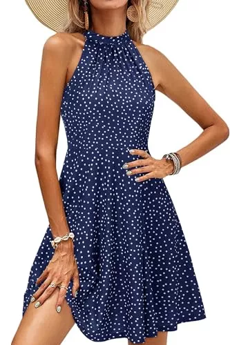 OUGES Freizeit OUGES Sommerkleid Damen Knielang Neckholder kleid Sommer Blumenmuster Elegant Cocktailkleid