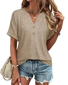 Gaharu T-Shirts Gaharu Bluse Damen Elegant Kurzarm Sommer T-Shirts Lässig V-Ausschnitt Oberteile Knopf Business Tunika Shirt