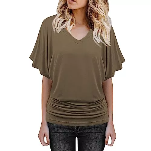 Generic Kurzarmblusen Bluse Damen Shirt Fledermaus V-Ausschnitt Blusenshirt Ruffles Kurzarm Bluse Tunika Übergröße Elegant Oberteile Locker Lässig Tops
