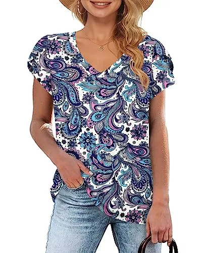 WNEEDU Kurzarmblusen WNEEDU Damen Sommer Top V Ausschnitt Kurzarm T Shirt Freizeit BlüTenblatt Ärmel Oberteile