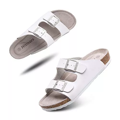 Hitmars Sandalen & Slides Pantoletten Herren Damen Sandalen Sommer Hausschuhe Tieffußbett Arch Support Schnallen Slides mit Kork Fußbett Flache Sommerschuhe Schwarz Beige Weiß Größe 35-47 EU