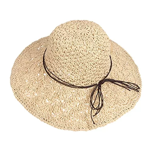 QH-Shop Hüte & Mützen QH-Shop Stroh Sommerhut für Damen Faltbar Strohhut mit Groß Breite Kappe, Atmungsaktiv Strandhut Boho Weichem Sonnenhut für Reisen, Urlaub und Outdoor-Aktivitäten (Beige)