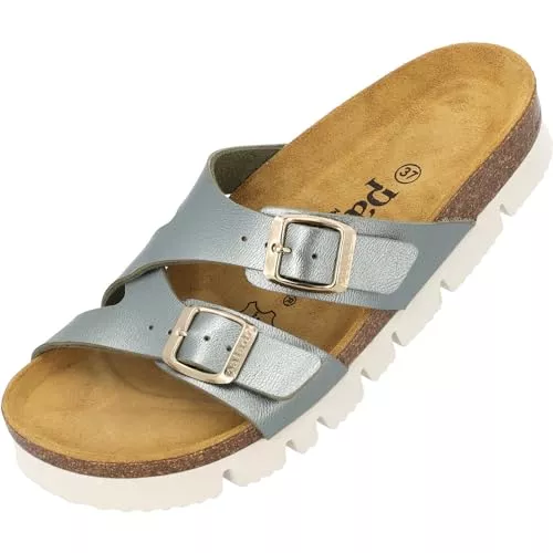 Palado Sandalen & Slides Palado Damen Pantoletten Arrila Plateau-Sandalen 2 Riemen Hausschuhe mit Natur Kork-Fussbett - bequeme Schuhe mit Sohle aus feinstem Velourleder