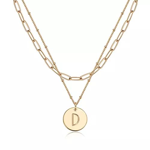 Jenosy Schmuck Jenosy Layering Kette Damen Kette mit Buchstaben Personalisierte Kette mit Namen Zarte Buchstaben Kette Gold 18K Vergoldete Kette mit Runder Plättche Anhänger Modeschmuck für Damen und Mädchen