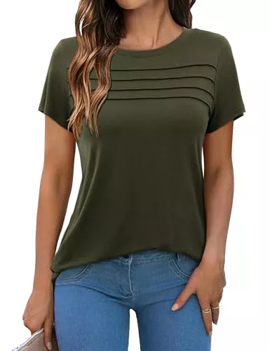 Beluring Kurzarmblusen Beluring Tshirt Damen Sommer Kurzarm Oberteile Lässig Rundhals Plissee Tunika Top mit Schlitz