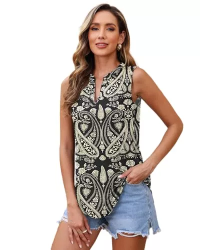 WNEEDU Ärmellose Blusen WNEEDU Tank Top Damen Lang mit V-Ausschnitt für Sommer